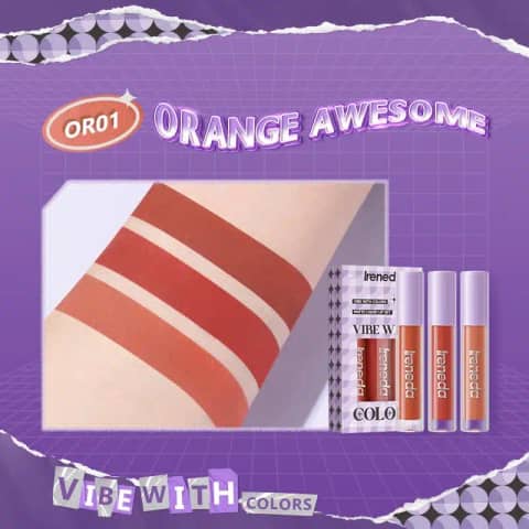 Three Ireneda matte liquid lipsticks in warm shades, upright with black caps, showing kit packaging.