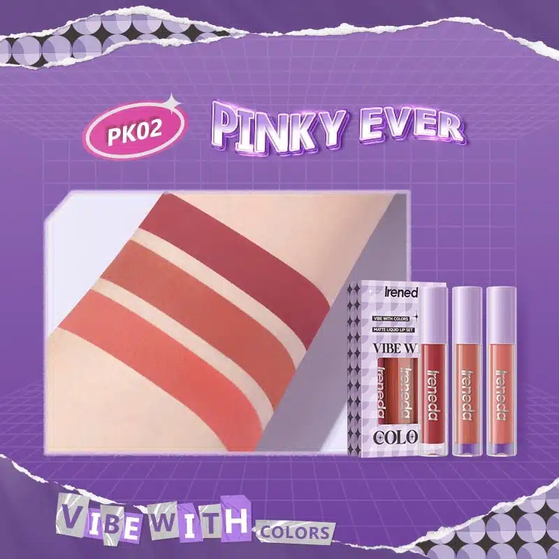 Ireneda Liquid Lipstick Matte Vibe 3pcs PK02 kit with three vibrant shades in clear tubes. - thumbnail