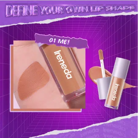 Ireneda Liquid Matte Lipstick 01 Me in its clear tube with black cap standing upright.