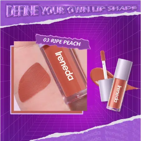 Ireneda Liquid Matte Lipstick 03 Ripe Peach shown with open tube and applicator wand.