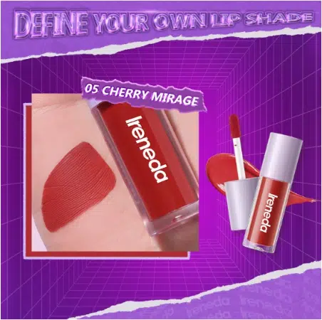 Ireneda Liquid Matte Lipstick 05 Cherry Mirage, showcasing its sleek clear tube and dark red cap.
