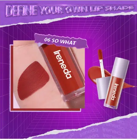 Ireneda long-lasting liquid matte lipstick, shade 06 So What!, shown with its clear tube and applicator.