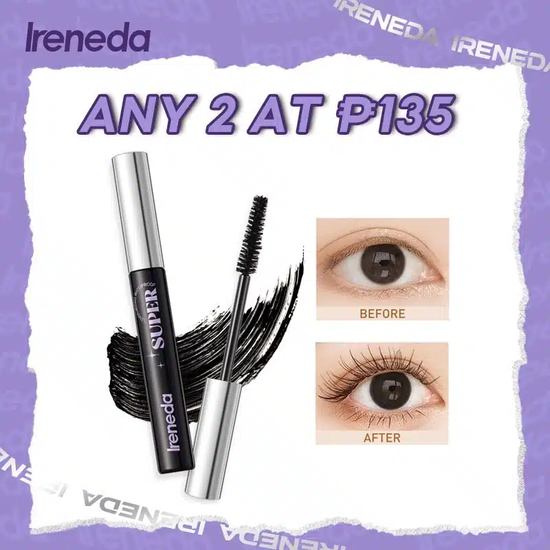 Full view of Ireneda Waterproof Mascara black tube with silver lettering, standing upright. - thumbnail