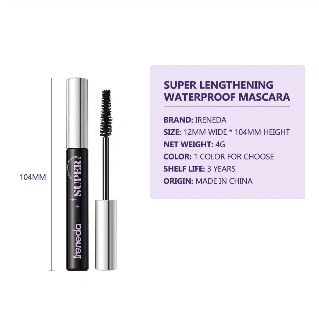 Ireneda Waterproof Mascara tube with applicator wand extended, loaded with black product. - thumbnail