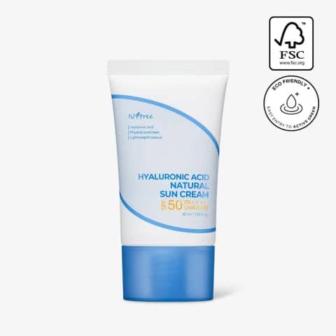 Isntree Hyaluronic Acid Suncream SPF50 PA++++ 50ml white tube, front label clearly displayed.