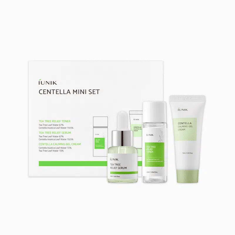 Iunik Centella 3-piece mini set: calming gel, serum, and sunscreen in light green bottles.