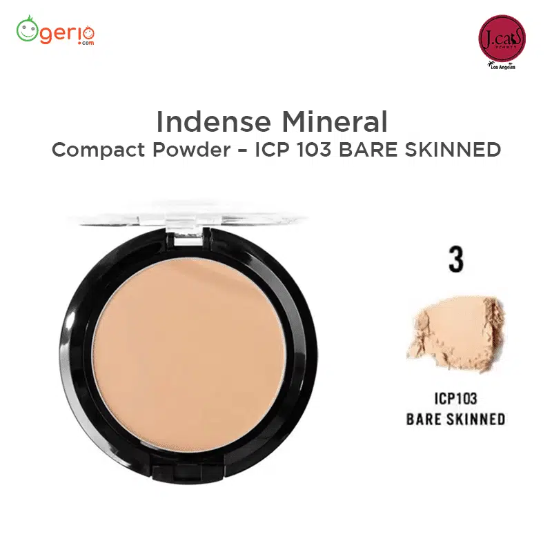Sleek black JCat Beauty Indense Mineral Compact Powder, ICP 103 Bare Skinned, closed, top view.