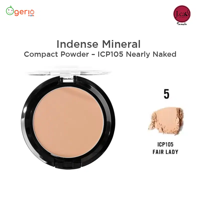 JCat Beauty Indense Mineral Compact Powder in a sleek closed round black case, front angle. - thumbnail