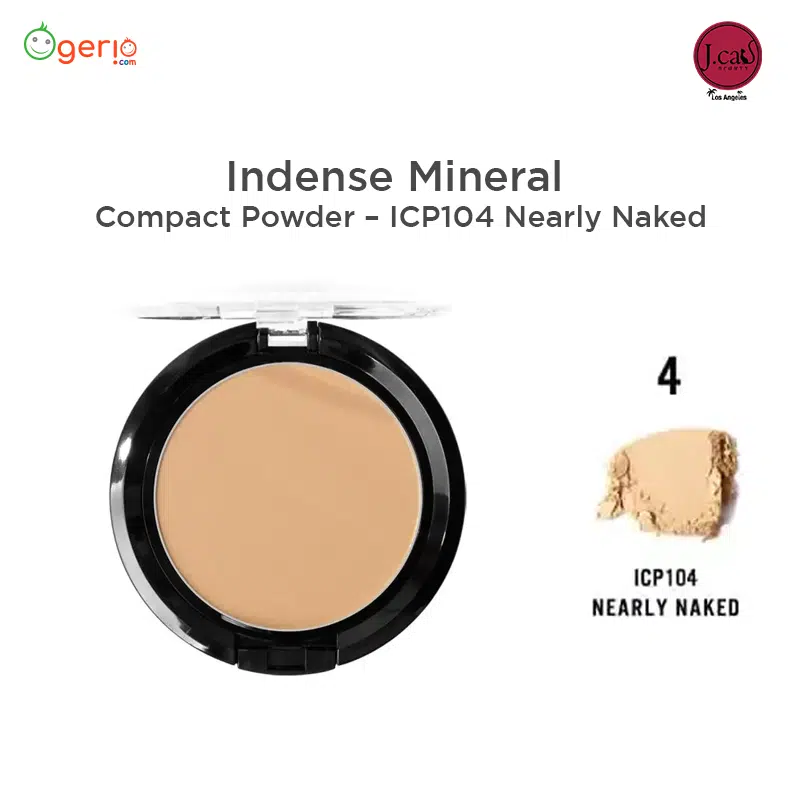 JCat Beauty Indense Mineral Compact Powder, Nearly Naked shade, open sleek black case with mirror. - thumbnail