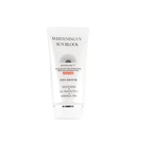 Jigott Whitening UV Sun Block SPF 50+ 70ml tube, white and blue, standing upright on white background.