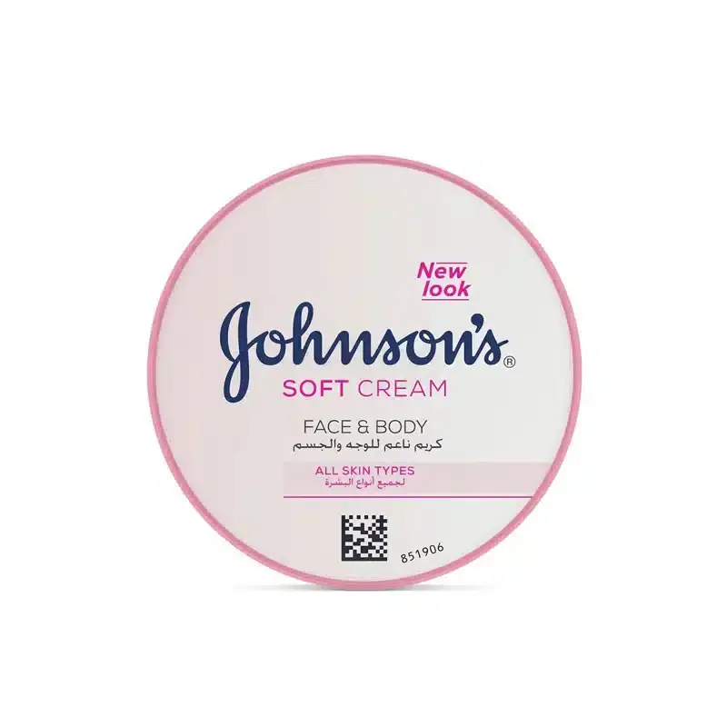 Johnson's 24hour Moisture Soft Cream 200ml tub, full front view with blue lid. - thumbnail