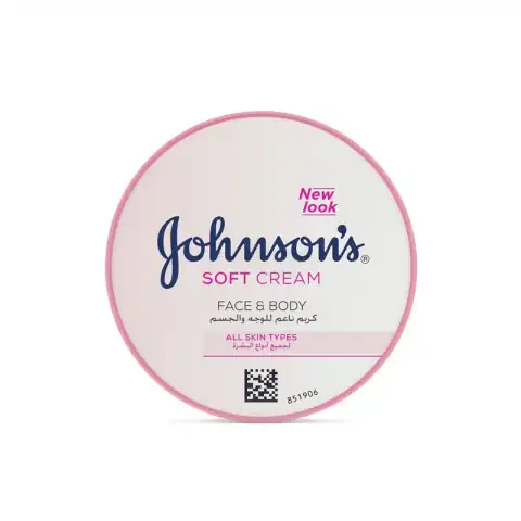 Johnson's 24hour Moisture Soft Cream 200ml tub, full front view with blue lid.