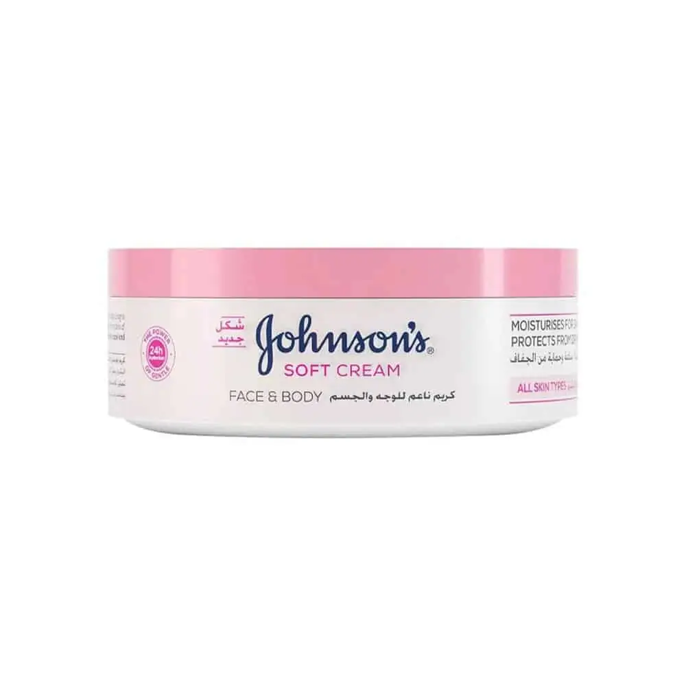 Close-up of Johnson's 24hour Moisture Soft Cream label, detailing text and pink flower illustration. - thumbnail