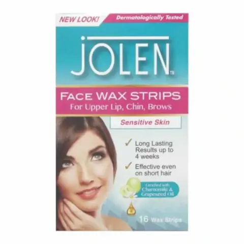 Jolen ready-to-use face wax strips in a vibrant pink box for upper lip, chin, brows.