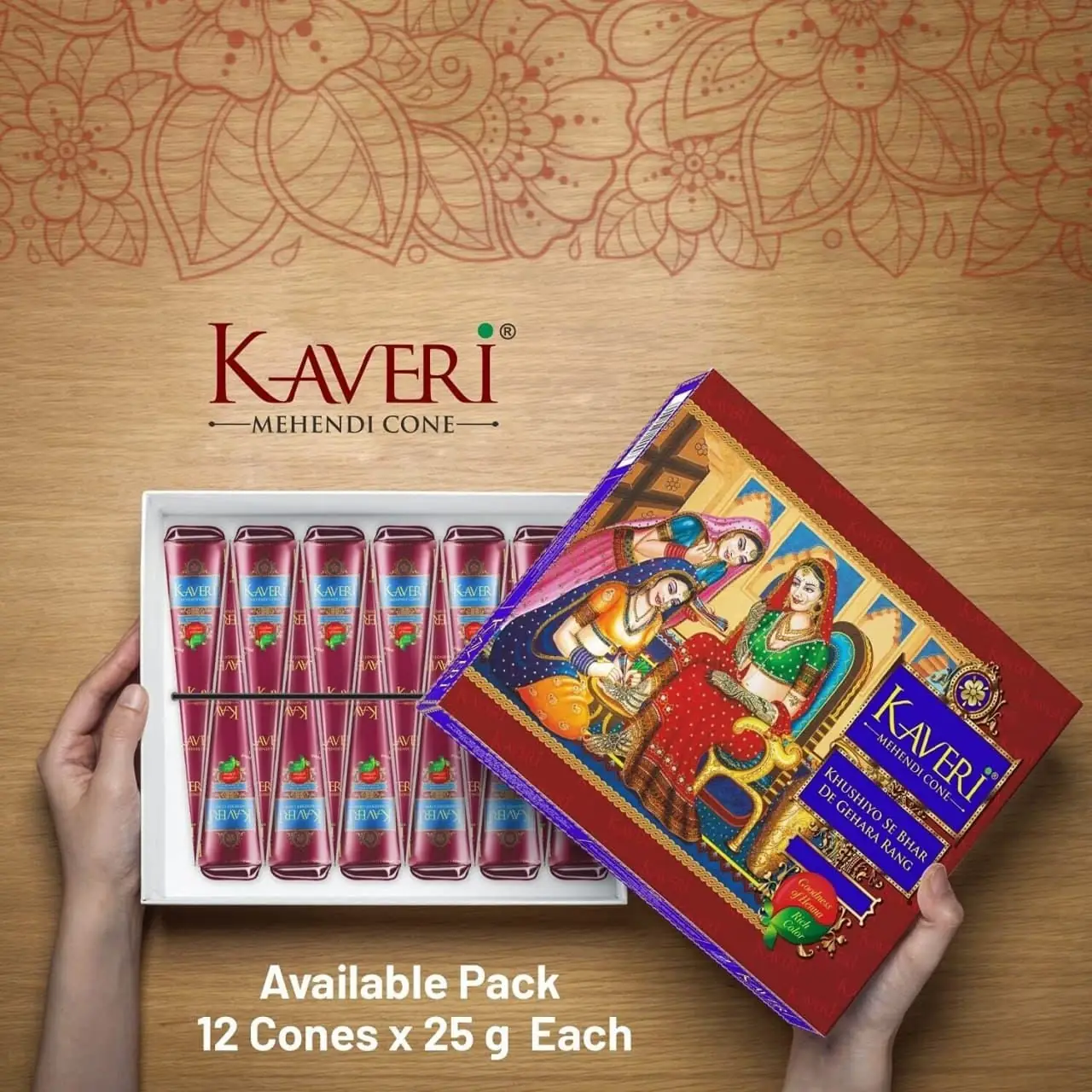 Front view of Kaveri Mehendi cone packaging box, highlighting brand and quantity. - thumbnail
