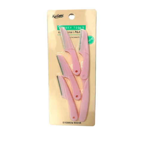 Keli 4-piece eyebrow razor set, pink handles, silver blades, in clear protective packaging.
