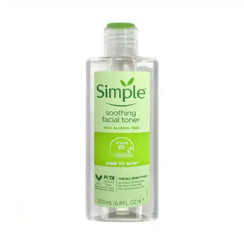 Simple Kind to Skin Soothing Facial Toner 200ml, clear liquid in transparent bottle with green cap.
