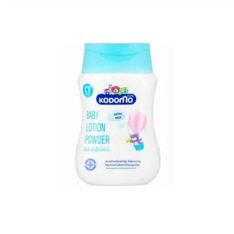 Kodomo Baby Lotion Powder Extra Mild 100ml, white bottle with blue cap, standing upright.