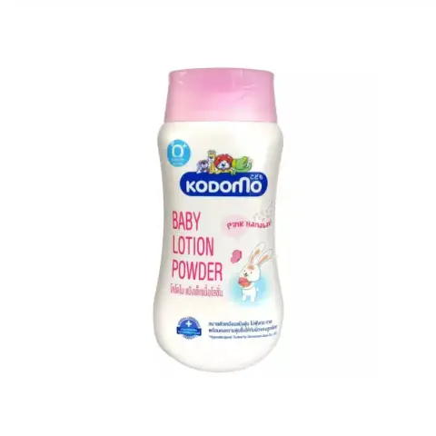 Kodomo Baby Lotion Powder Pink Hanabaki 180gm in a white bottle with pink pump cap.