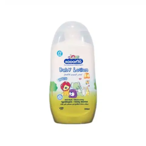 Kodomo Baby Lotion Soft Formula 200ml in a white bottle with blue pump dispenser.