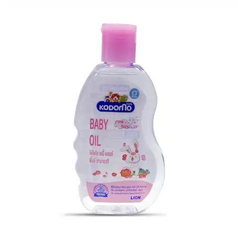 Kodomo Pink Hanabaki baby oil in a 200ml pink bottle with a white flip cap.