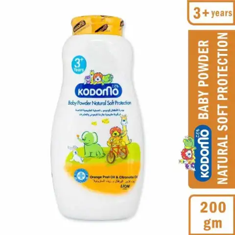 Kodomo Baby Powder Natural Soft Protection 200gm, white bottle with blue cap, featuring a baby illustration.