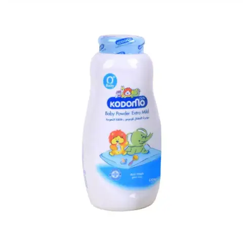 Kodomo Extra Mild Baby Powder 50ml, white bottle, light blue cap, clear front label.