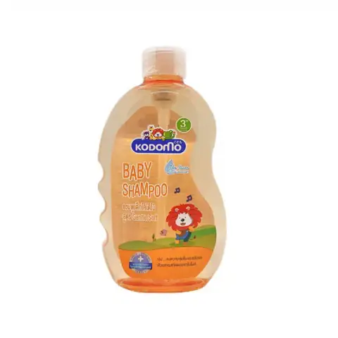 Kodomo Baby Shampoo 3+ clear bottle, light blue liquid, blue flip-top cap, colorful cartoon label.