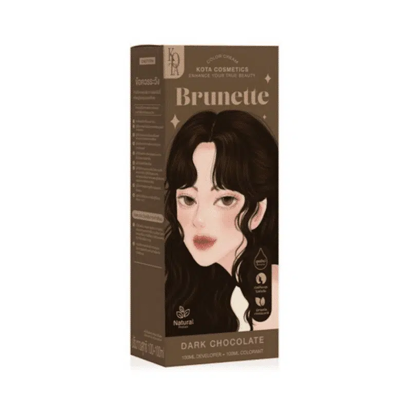 Kota Cosmetics Hair Color Brunette Dark Chocolate box, showing model with rich dark hair.