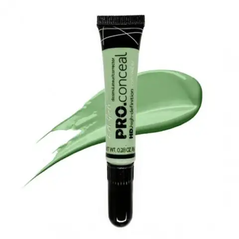 LA Girl Pro Concealer green corrector tube, 8gm, with clear doe-foot applicator, front view.