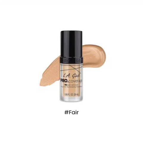 LA Girl Pro Coverage Illuminating Foundation tube in Fair shade, 28ml, featuring pump dispenser.