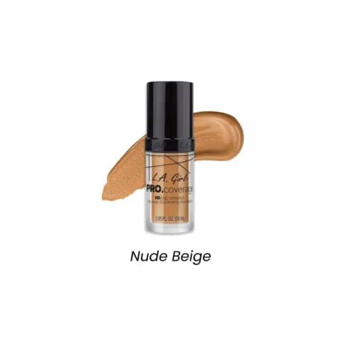LA Girl Pro Coverage Illuminating Foundation Nude Beige, clear glass bottle with black pump standing upright.