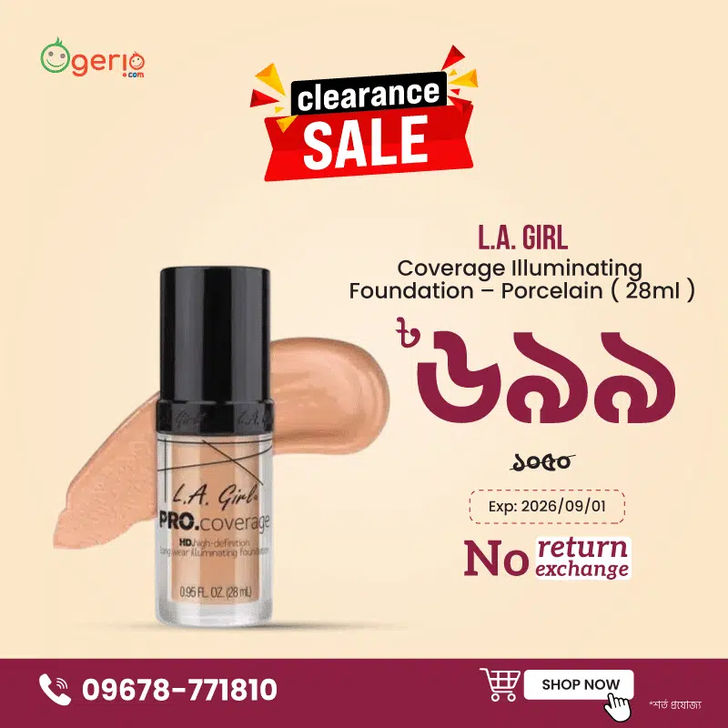 L.A. Girl Pro Coverage Illuminating Foundation in Porcelain, clear bottle with black pump dispenser.