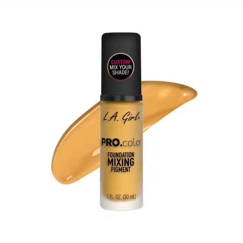 LA Girl Pro Matte Foundation 30ml bottle in a bright yellow shade with black pump dispenser.