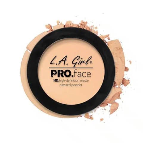 LA Girl Pro Matte Pressed Powder, fair shade, black compact with clear window, angled view.