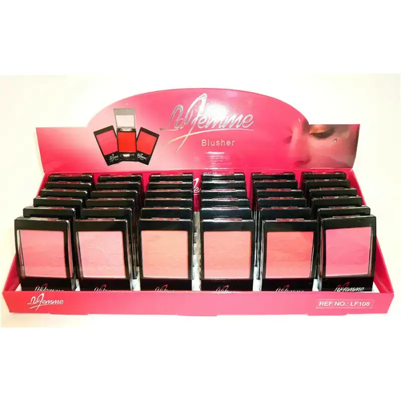 La Femme pressed powder blusher compact closed, sleek black design shown with accompanying brush. - thumbnail