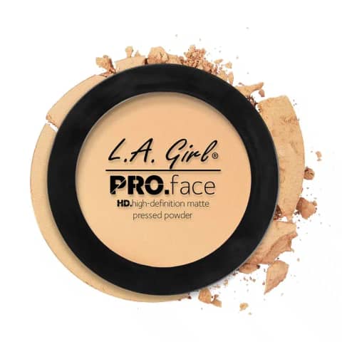 LA Girl Pro Matte Pressed Powder 7g in Creamy Natural shade, black compact with clear lid.
