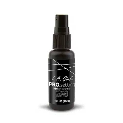 LA Girl Pro Setting Spray 30ml bottle, clear, black pump, standing upright on white background.