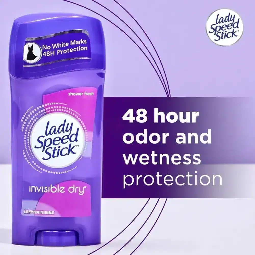 Side view of Lady Speed Stick Invisible Dry Shower Fresh deodorant, white packaging with blue cap. - thumbnail