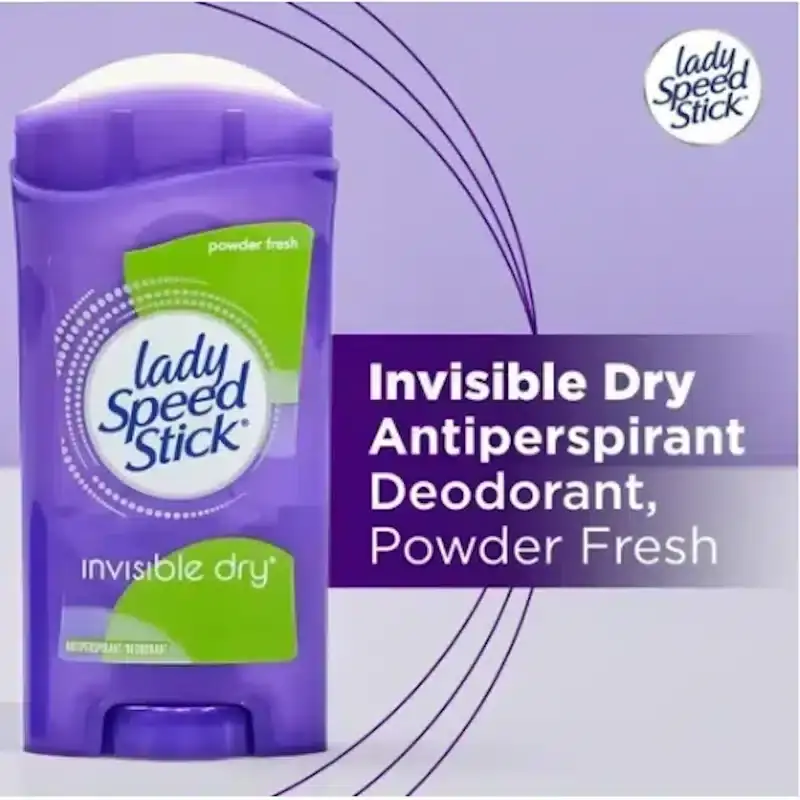 Lady Speed Stick Powder Fresh deodorant stick with pink cap removed, revealing smooth white solid product. - thumbnail