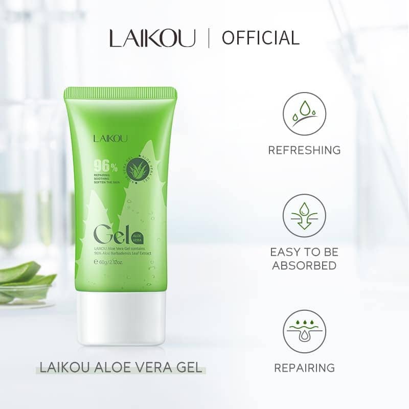 Laikou 96% Aloe Vera Gel 60gm tube standing upright, showing branding and green cap. - thumbnail