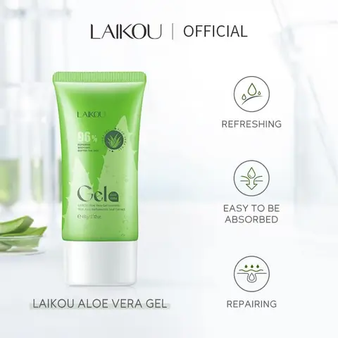 Laikou 96% Aloe Vera Gel 60gm tube standing upright, showing branding and green cap.