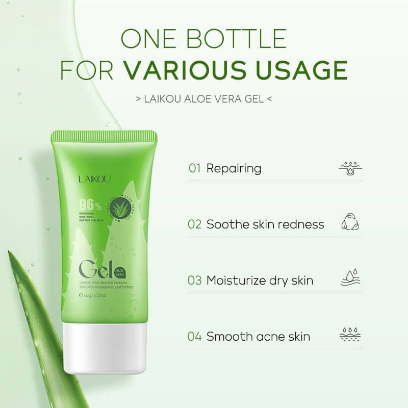 Laikou 96% Aloe Vera Gel 60gm tube with its dark green flip-top cap open. - thumbnail