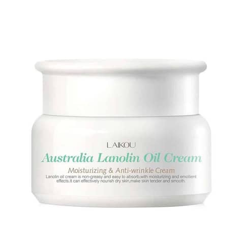 Laikou Australia Lanolin Oil Cream in a white jar with golden lid and sheep logo.