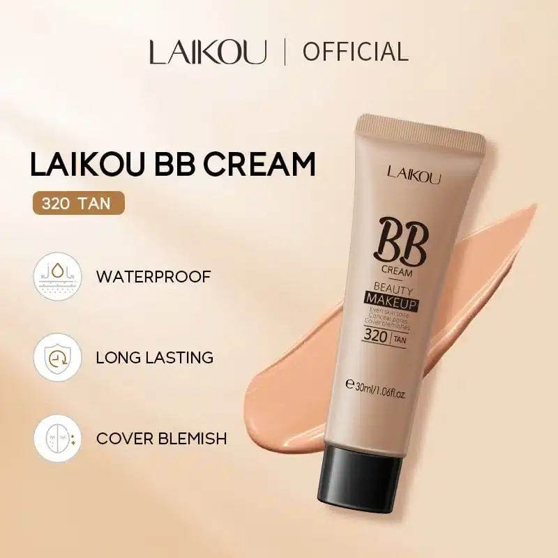 Laikou BB Cream 320 Tan tube lying horizontally, cap removed, showing tan cream swatch. - thumbnail