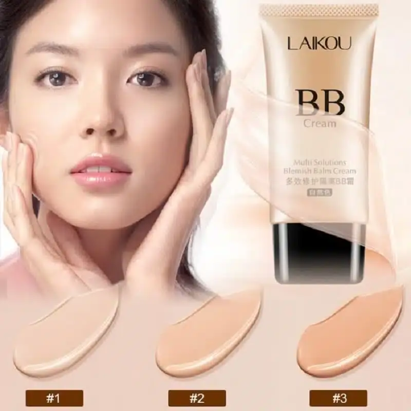 Laikou BB Cream 50g tube lying horizontally, displaying its natural foundation swatch on a fingertip. - thumbnail