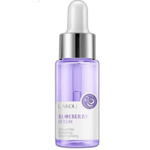 Full Laikou Blueberry Serum 17ml bottle, clear glass, silver dropper, with light purple liquid.