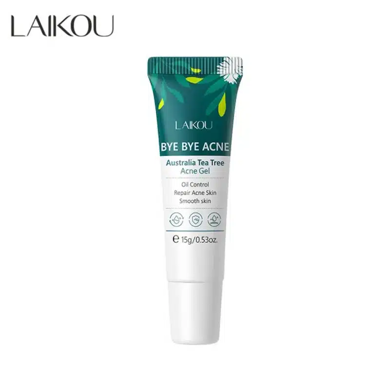 Laikou Bye Bye Acne Tea Tree Gel 15g, a vibrant light green tube, standing upright. - thumbnail