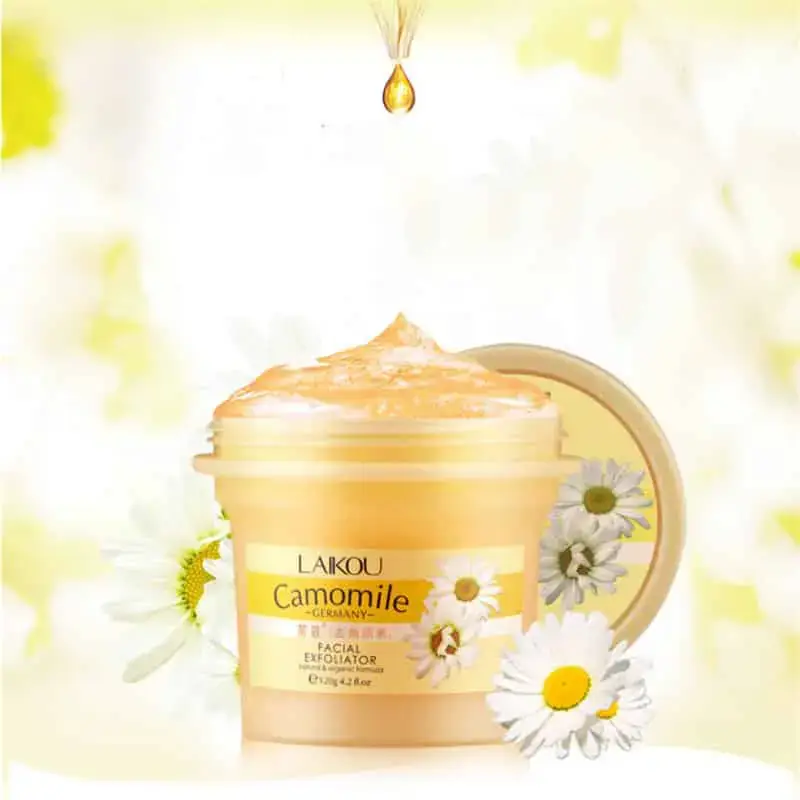 Laikou Camomile Facial Exfoliator Body Scrub in a gentle yellow tube with green text, front view. - thumbnail