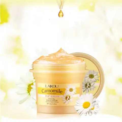 Laikou Camomile Facial Exfoliator Body Scrub in a gentle yellow tube with green text, front view.